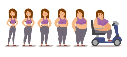 Fat woman cartoon style different stages vector illustration. Fa